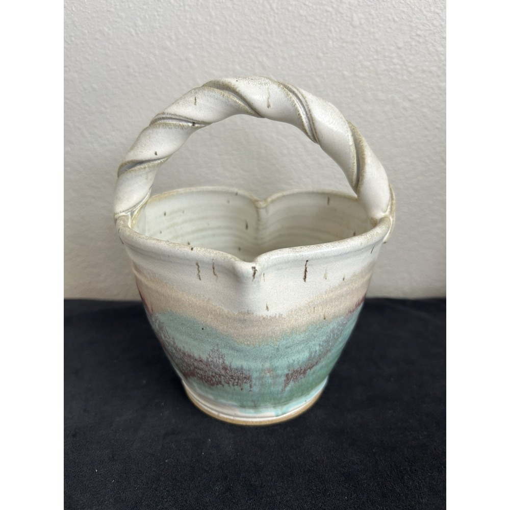ARIA‎ Signed Studio Pottery Basket Twist Handle Roswell New Mexico
